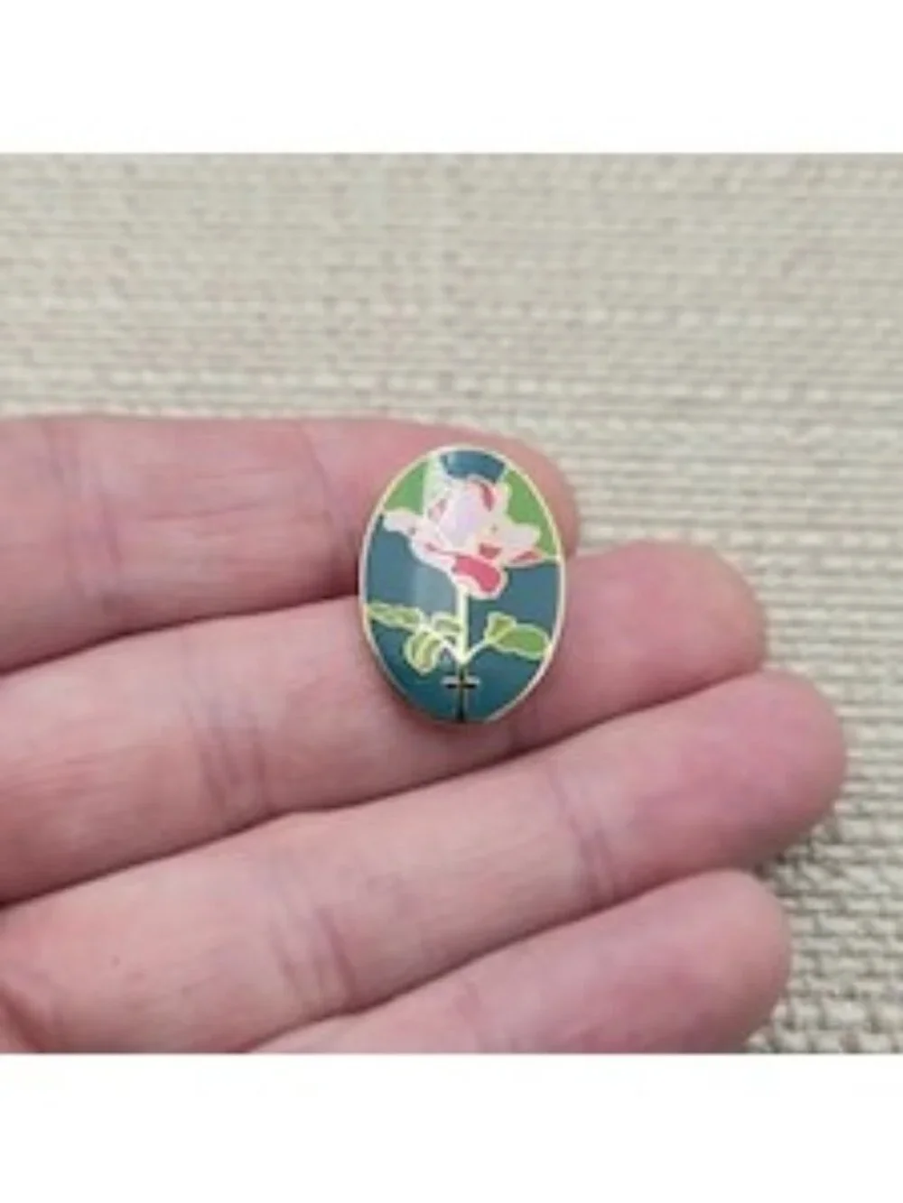 Vintage Pink Rose and Cross Teal Oval Enamel Religious Faith Lapel Pin A8337